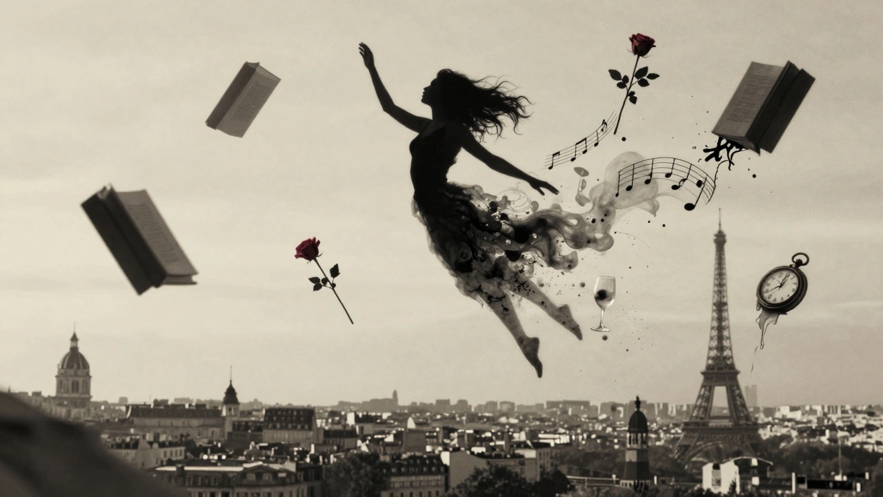 Une silhouette féminine se fond dans le ciel de Paris, entourée de notes de jazz, de livres et d'une rose flottante, symbole d'intimité et d'élégance.
