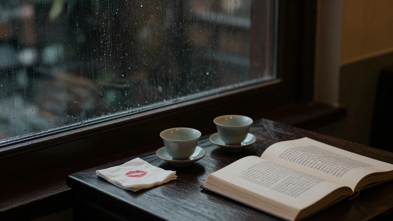 Une table de salon de thé vide au crépuscule, deux tasses froides, une serviette pliée, la pluie sur la fenêtre — un moment passé en suspens.
