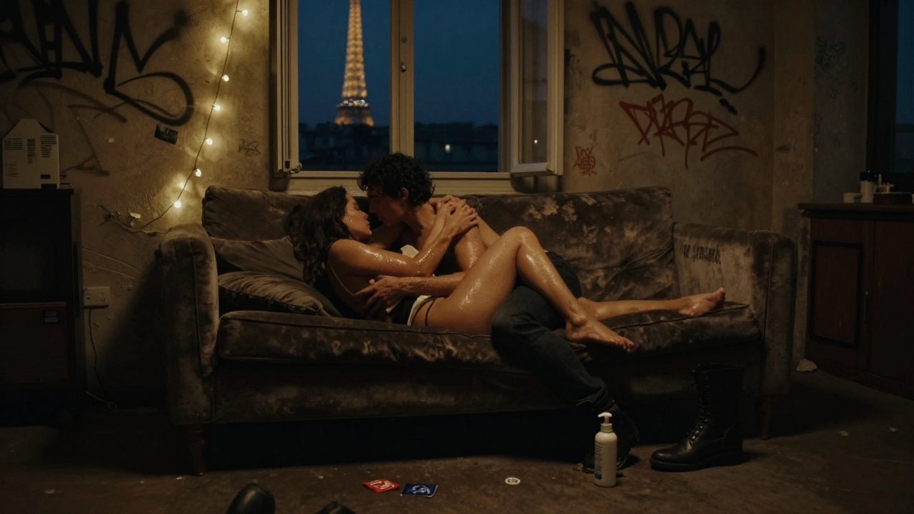 Couple enlacé sur un canapé à Paris, lumière tamisée, objets intimes au sol, fenêtre ouverte sur la tour Eiffel.