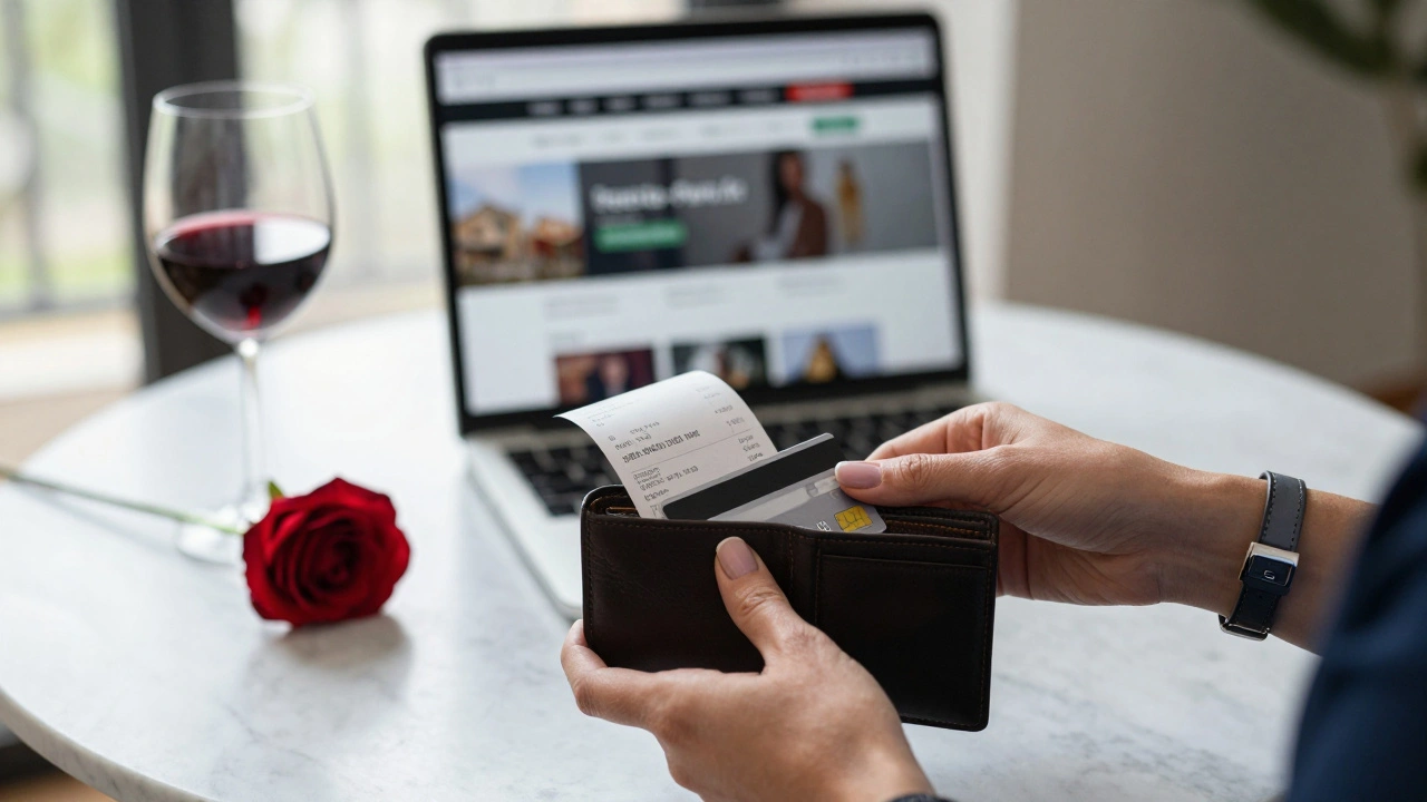 Des mains professionnelles rangeant un reçu de paiement sur une table élégante.