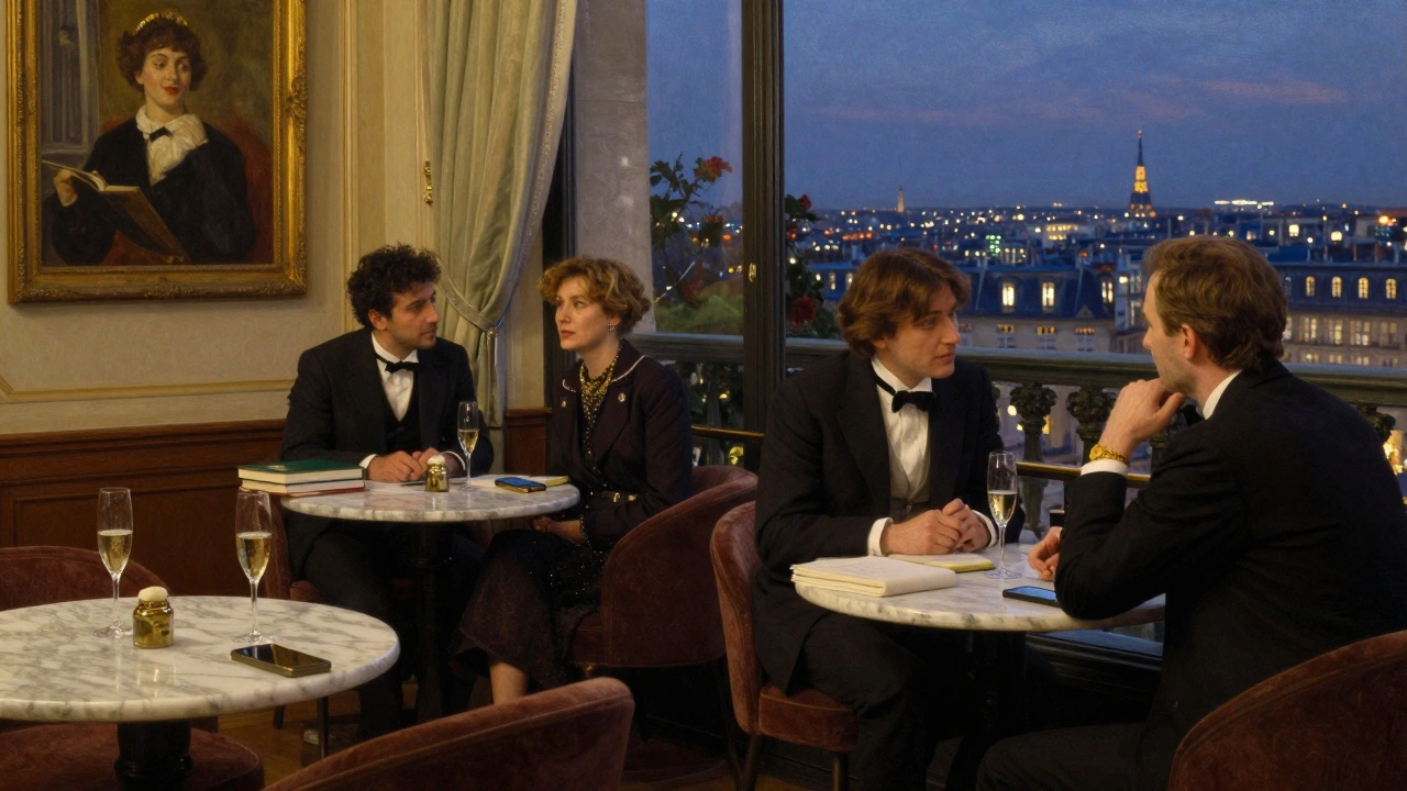 Des professionnels accomplis échangent en toute discrétion dans un club privé à Paris, sans appareils électroniques.