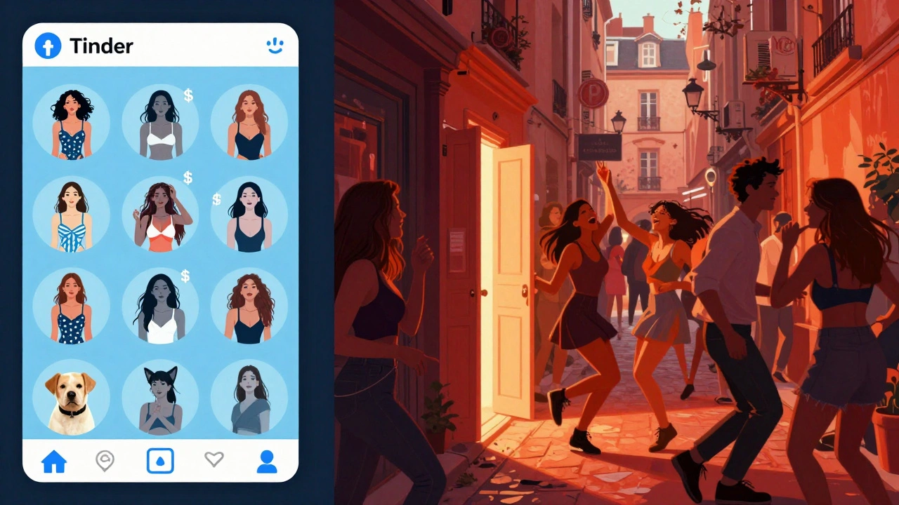 Deux mondes numériques : Tinder froid et commercial à gauche, Badoo chaud et sauvage à droite.