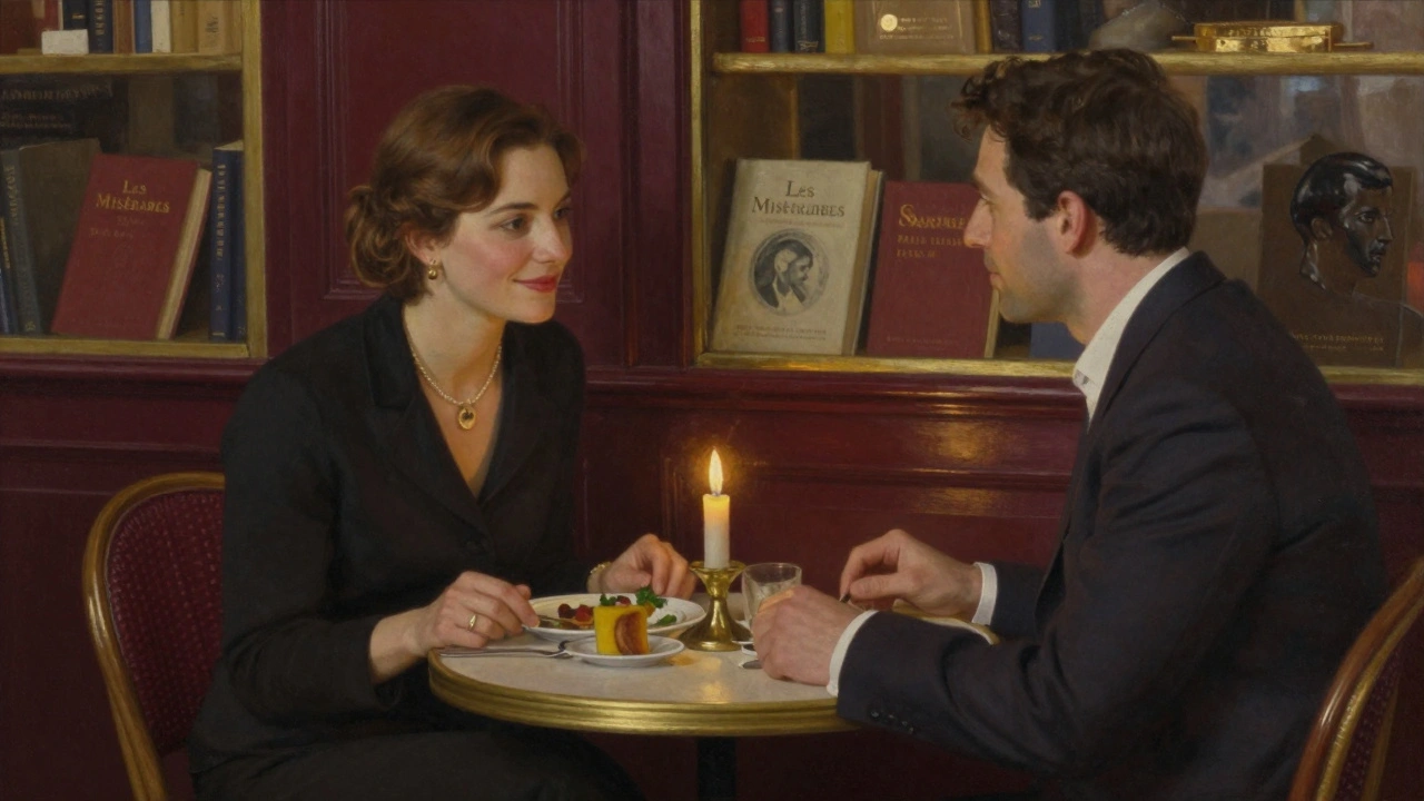 Deux personnes à un dîner intime à Paris, sans téléphone, dans une ambiance paisible et élégante.