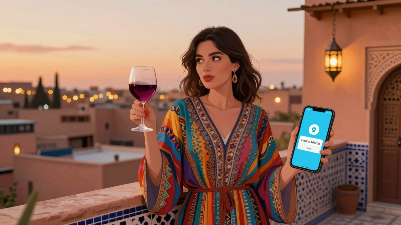 Femme en kaftan sur un toit à Marrakech, verre de vin à la main, notification Badoo à côté d'elle.
