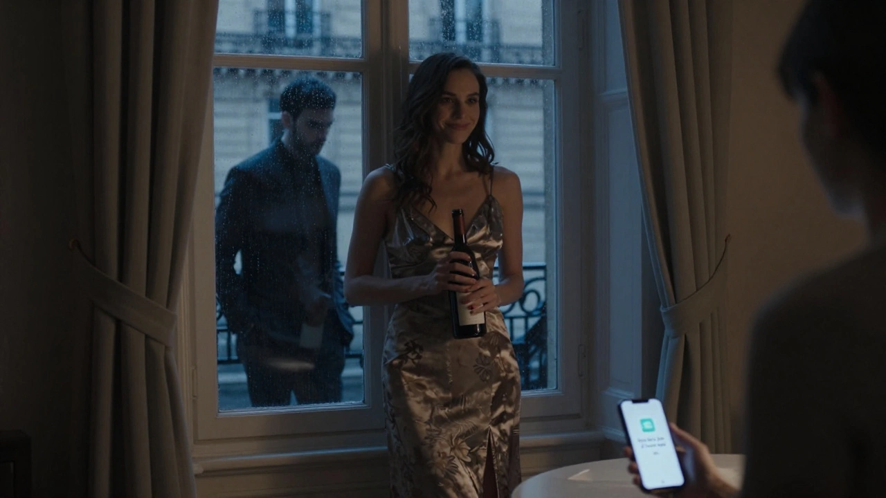 Femme en peignoir à la porte d'un appartement, une bouteille de vin à la main, un téléphone affiche une notification Badoo.
