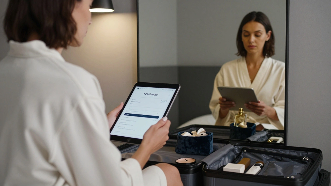 Femme professionnelle dans une chambre d'hôtel du 9e arrondissement, tablette affichant une réservation, objets soigneusement disposés.
