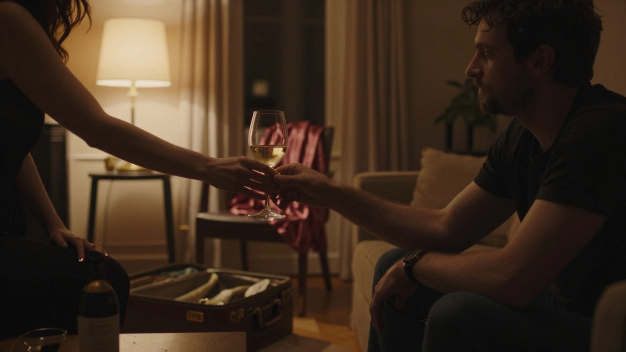 Homme et femme dans un appartement à Lyon, verre de vin, robe de soie sur une chaise.