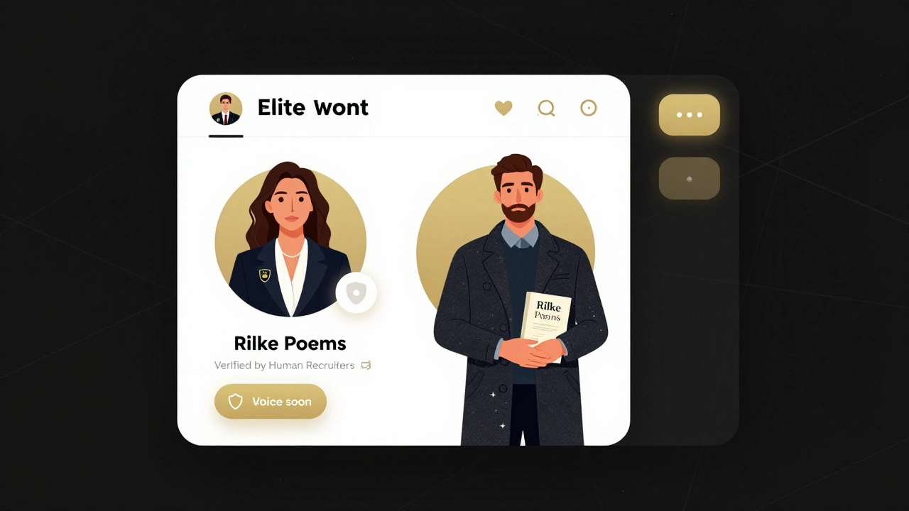 Interface numérique élégante d'une plateforme de rencontres élites, avec des profils vérifiés et un design minimaliste en or et noir.