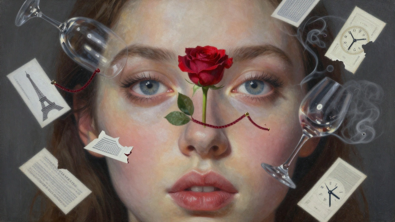 Le regard d'une femme qui contient la Tour Eiffel, une corde et une rose, dans un style surréaliste et symbolique.