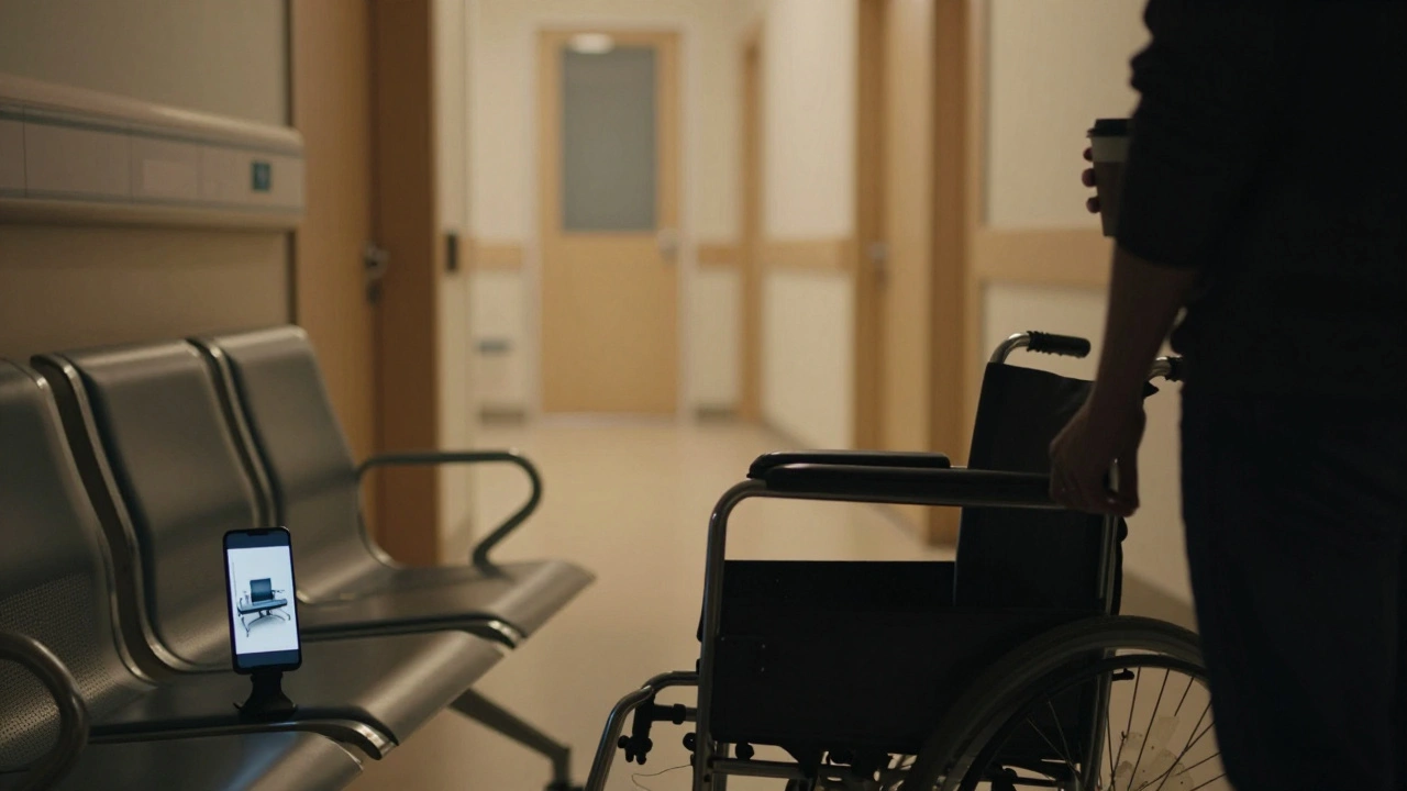 Salle d'attente d'hôpital la nuit, fauteuil vide, téléphone affichant une photo.