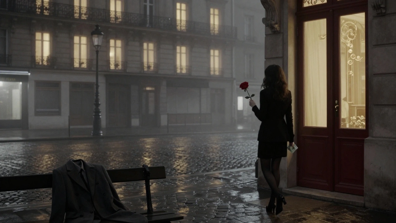 Silhouette de femme s'éloignant dans la brume parisienne, rose et enveloppe en main, manteau abandonné sur un banc.