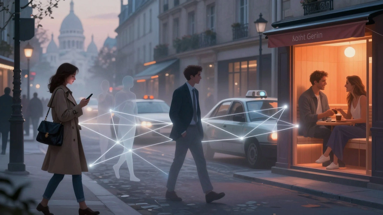 Silhouettes connectées par des lignes lumineuses à travers Paris, symbole des rencontres secrètes via les applications.