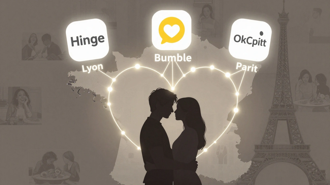 Trois applications de rencontre flottent comme des étoiles au-dessus de la France, reliant deux silhouettes qui s'embrassent dans un cœur de lumières.