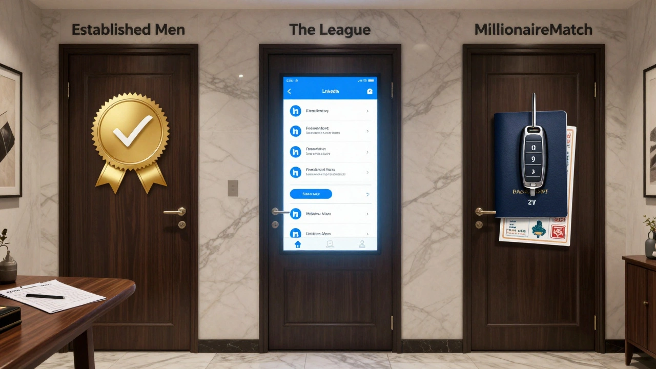 Trois portes symbolisant des sites de rencontre élite, chacune accompagnée d'éléments de vérification : CV, profil LinkedIn, clé de voiture de luxe.