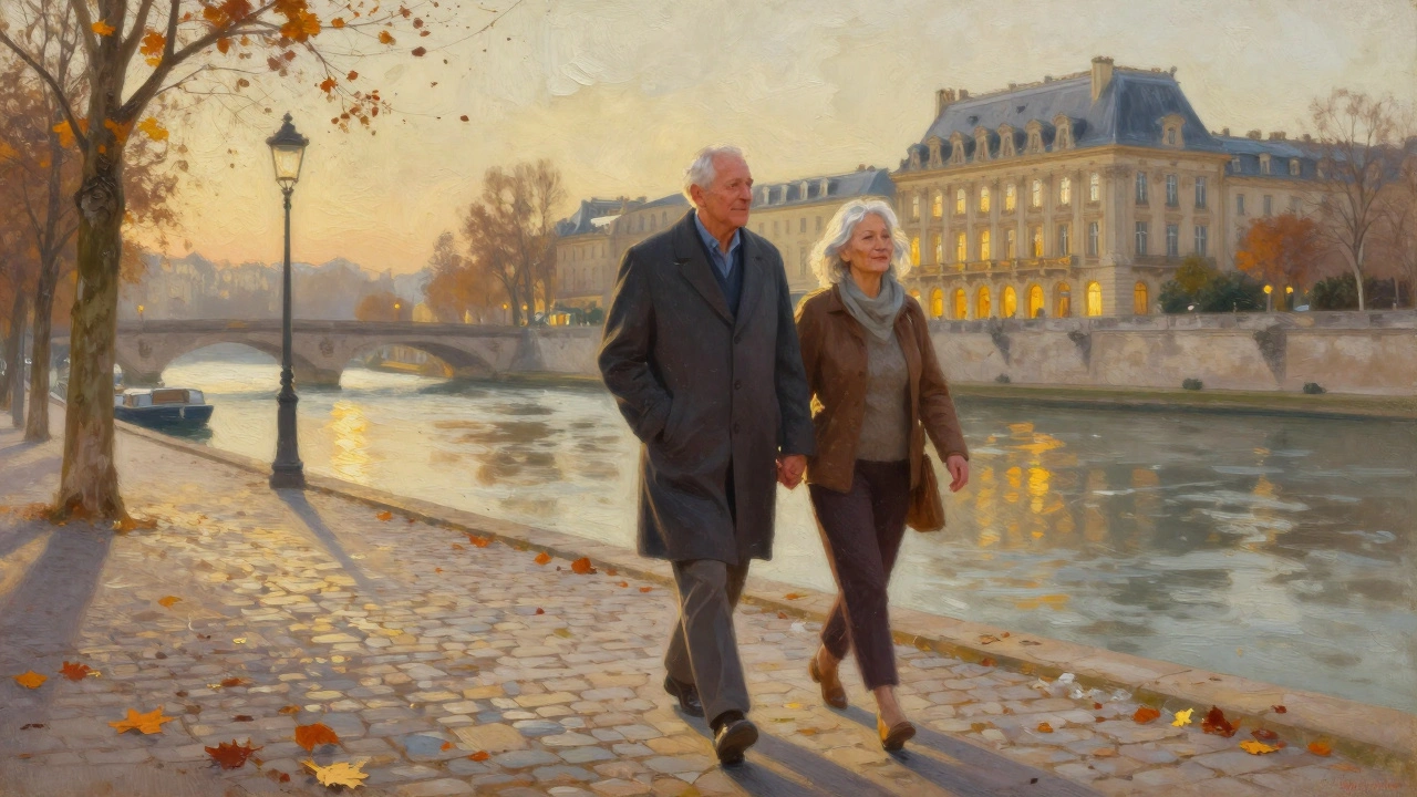 Un couple âgé se promène main dans la main au bord de la Saône au lever du soleil, ambiance sereine et renouveau.
