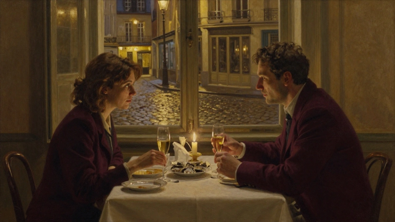 Un couple partage un repas intime en salle à manger privée, bougies et champagne, dans un décor parisien raffiné.