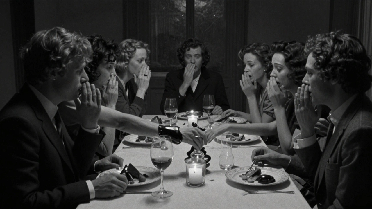 Un dîner total dans le noir, où des mains se rencontrent en silence, avant un retour progressif à la lumière.