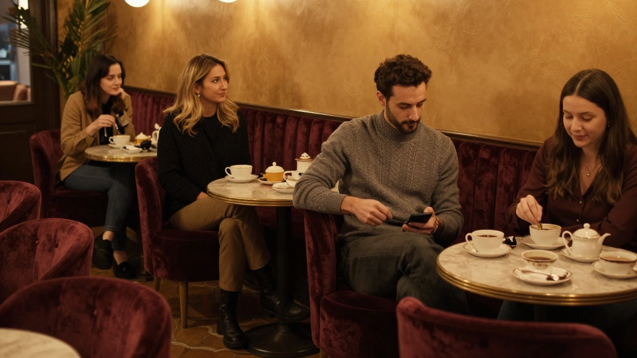 Un homme assis seul dans un salon de thé à Belleville, observant discrètement les interactions des autres clients dans une ambiance chaleureuse et paisible.