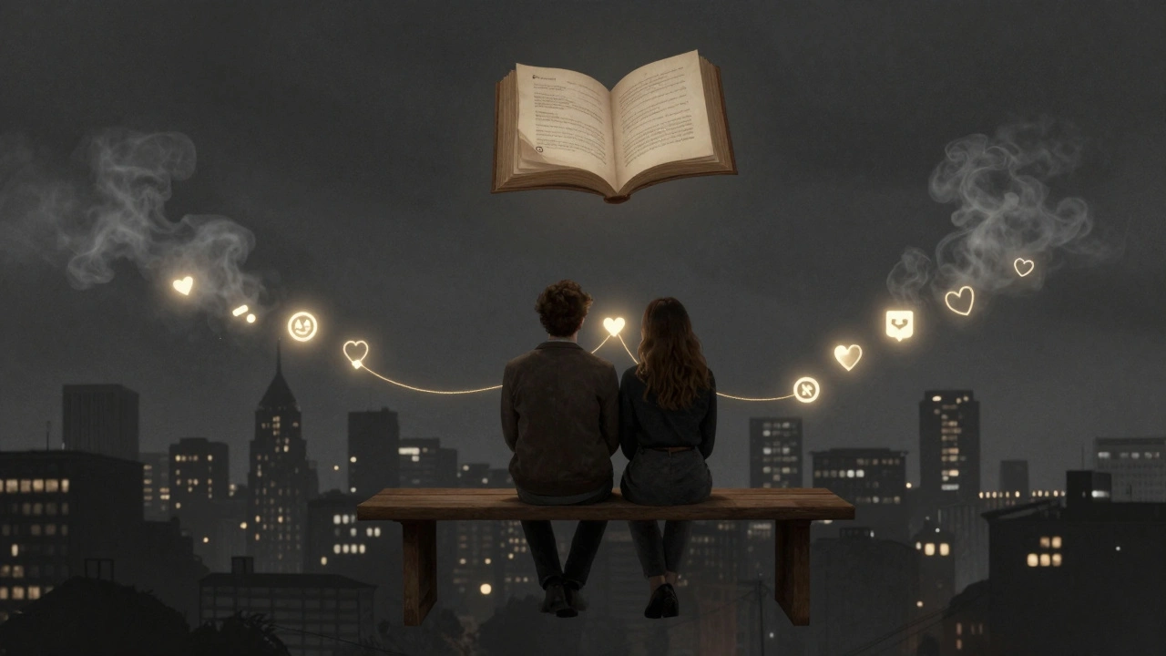 Un homme et une femme assis dos à dos sur un banc flottant, connectés par une lueur dorée, au-dessus d'une ville où les applications de rencontre disparaissent en fumée.
