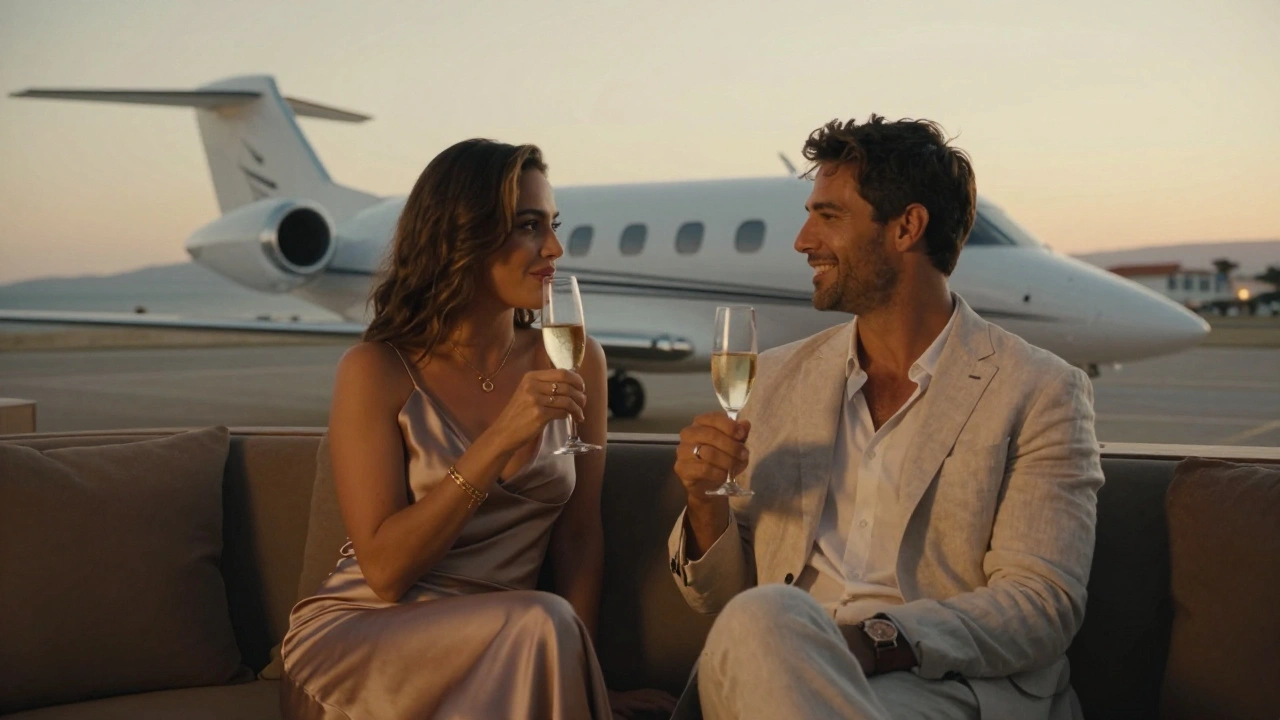 Un homme et une femme discutent au coucher du soleil à Saint-Tropez, avec un jet privé en arrière-plan.