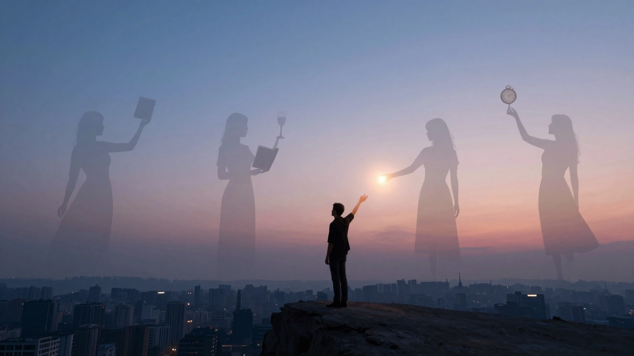 Un homme face à une ville vide, des silhouettes flottantes de femmes lui offrant des gestes de connexion humaine.