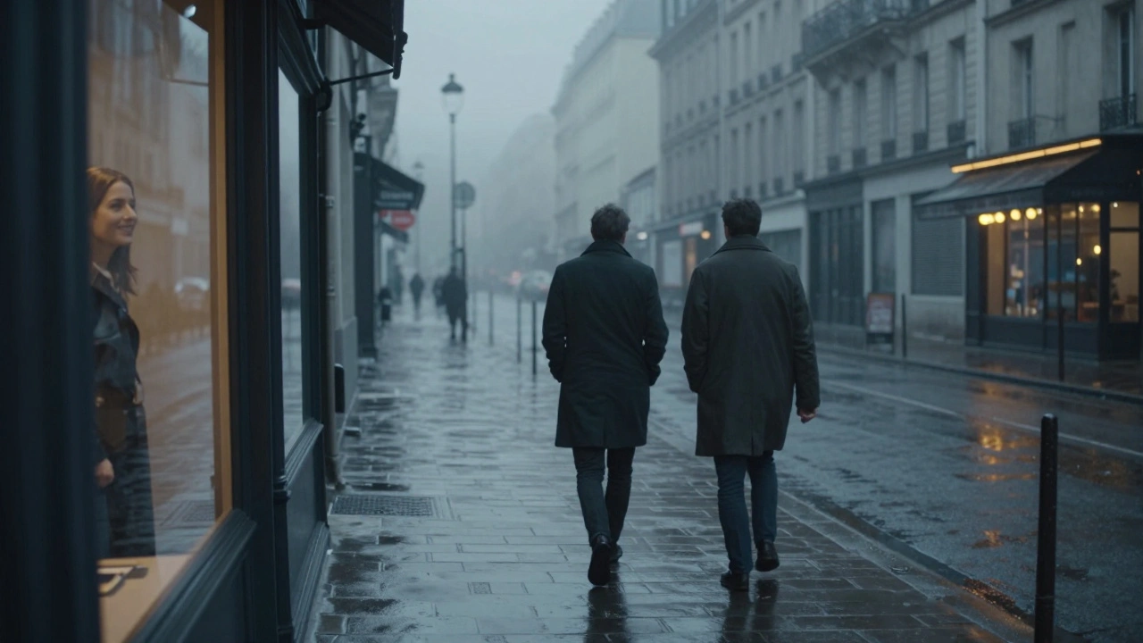 Un homme marchant seul sous la pluie au petit matin, son reflet montrant brièvement le sourire d'une femme disparue.