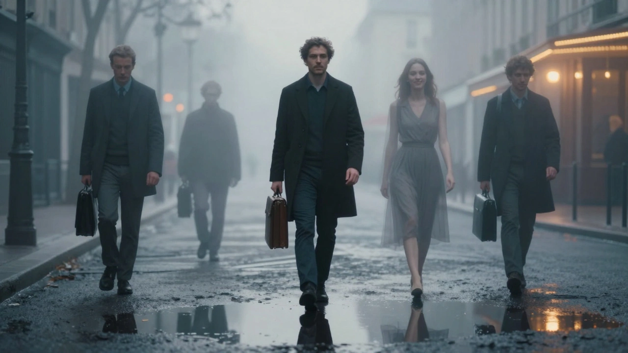Un homme marche à Paris au lever du jour, son reflet montre une silhouette féminine transparente.