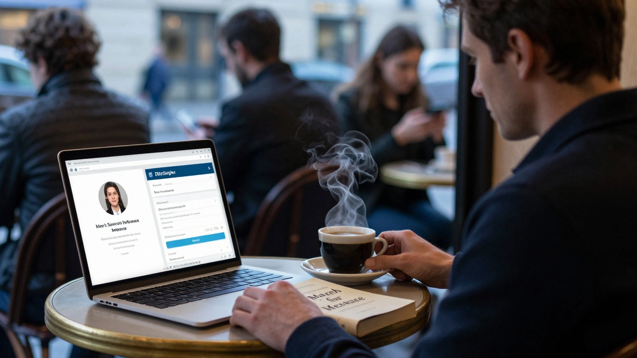 Un homme seul dans un café parisien au petit matin, regardant un email de validation sur son ordinateur, un livre ouvert à côté.
