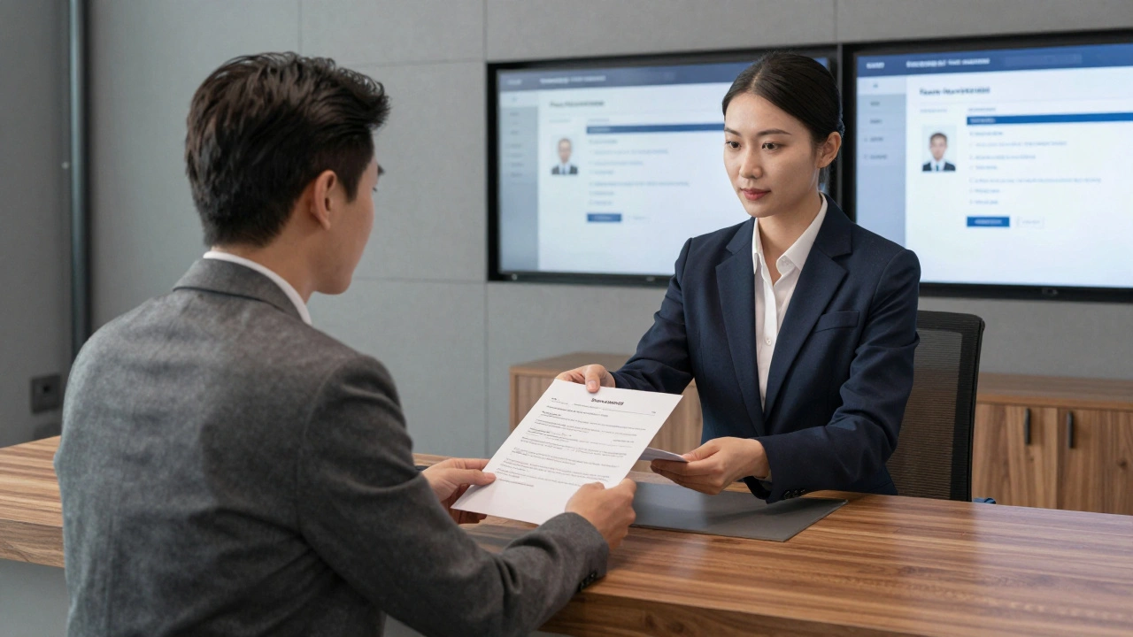 Un homme soumet des documents financiers et professionnels dans un espace de vérification discret et luxueux.