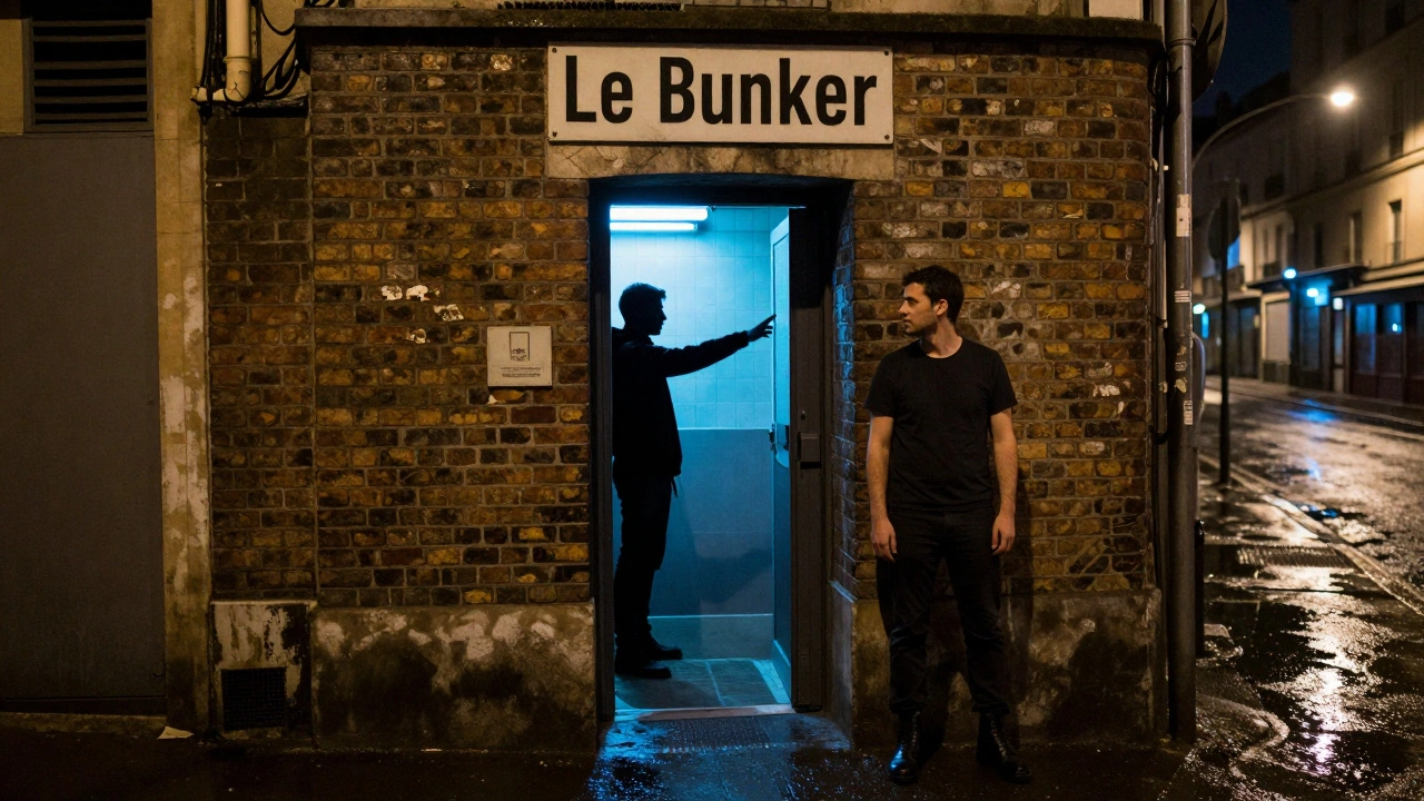 Une entrée secrète d’un club souterrain à Paris, dans une ruelle sombre au milieu de la nuit.