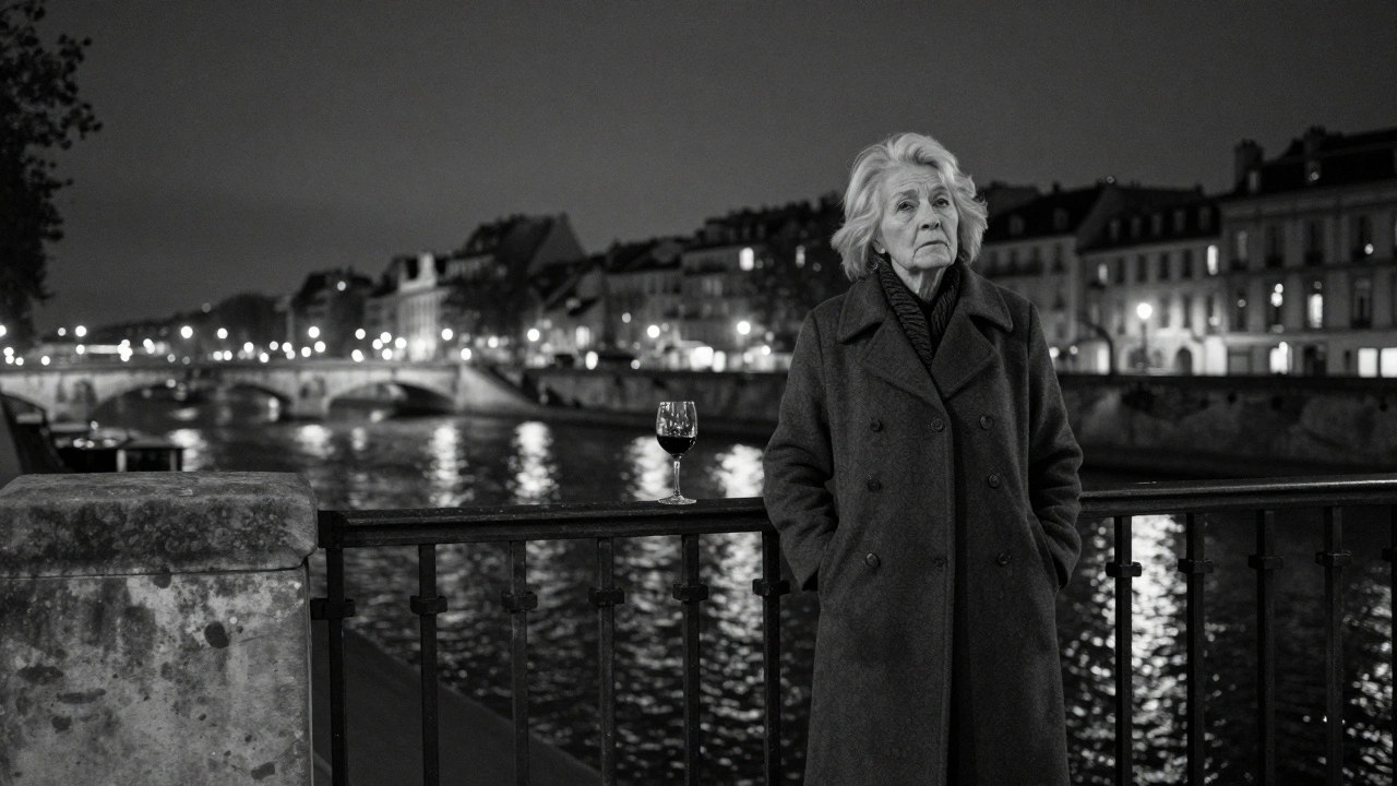 Une femme âgée en manteau se tient près d'un toit, son reflet flou dans la Seine la nuit.