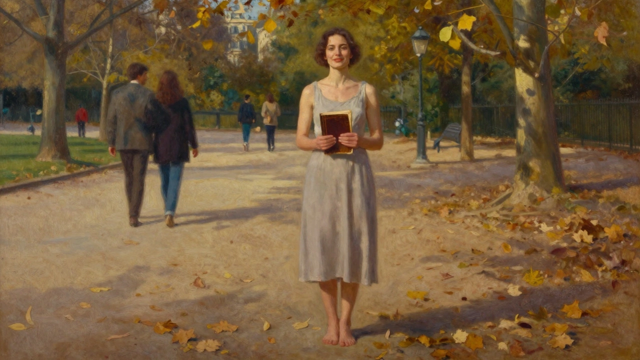 Une femme debout dans un parc parisien à la tombée du jour, tenant un livre, pieds nus, souriante et libre, entourée de feuilles d'automne.