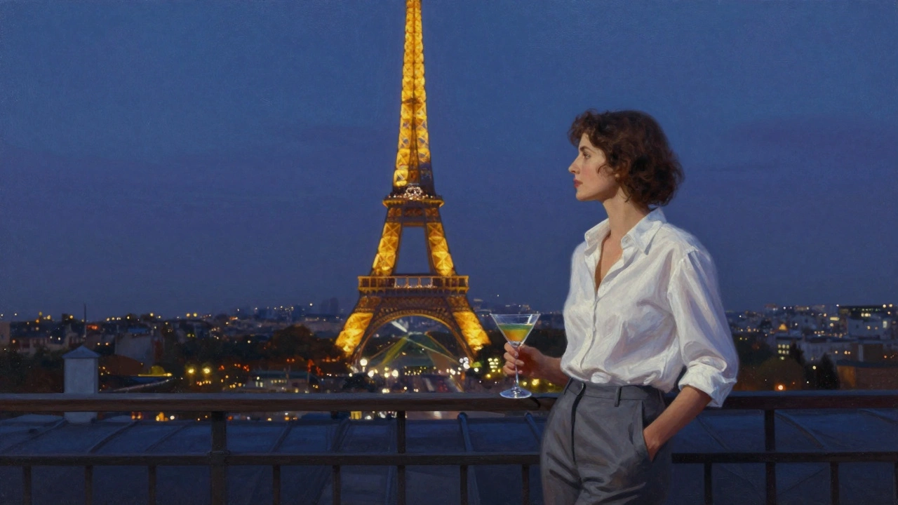 Une femme en chemise blanche hold un cocktail sur un toit avec la Tour Eiffel en arrière-plan.