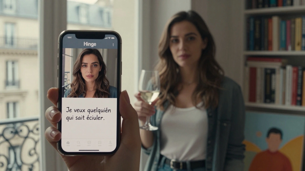 Une femme regarde la caméra depuis son appartement, tenant un verre de vin, son téléphone affichant un profil sincère sur Hinge.