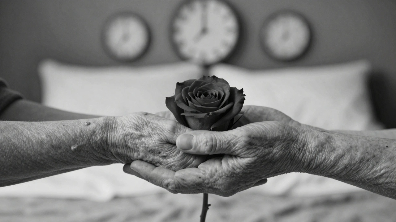 Une main d'homme et une main de femme se touchent doucement, une rose rouge entre elles, symbole de désir et de respect.