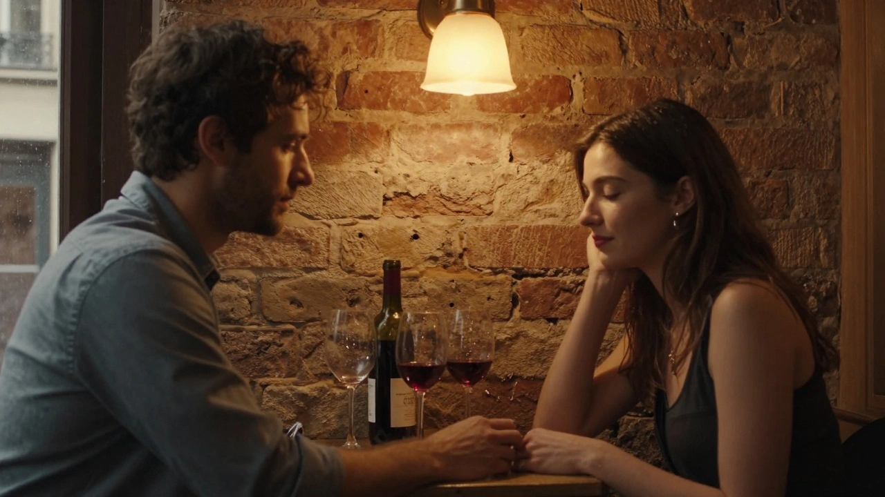 Une main posée doucement sur une autre, dans un café parisien au crépuscule, tandis que la pluie tombe à la fenêtre et qu’un vin rouge repose entre eux.