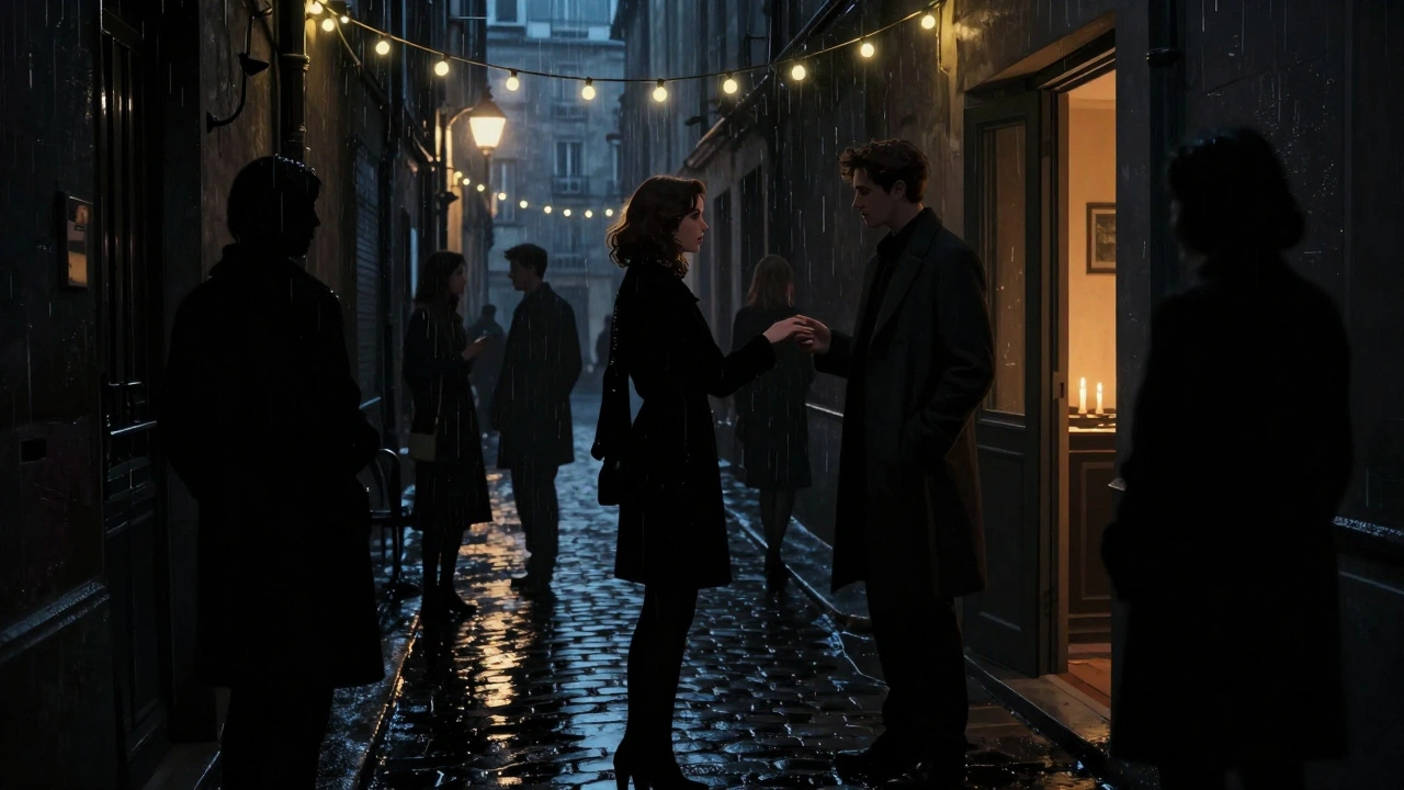 Une soirée secrète dans une ruelle de Montmartre, silhouettes dans la pénombre, main tendue sous des lumières.