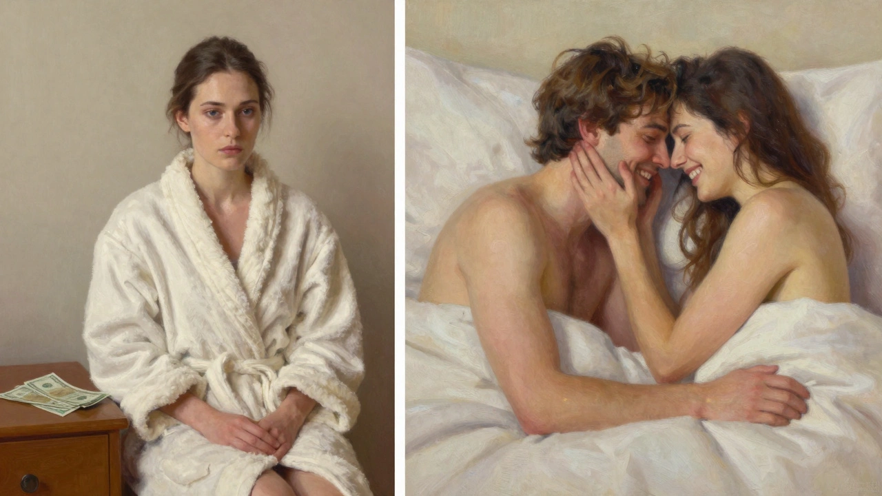 À gauche : une rencontre sterile avec de l'argent ; à droite : un couple échangant un regard tendre au petit matin.