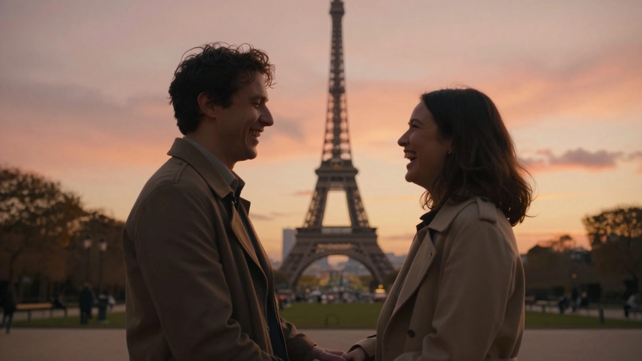 Couple riant dans un parc parisien au coucher du soleil, tour Eiffel au loin.