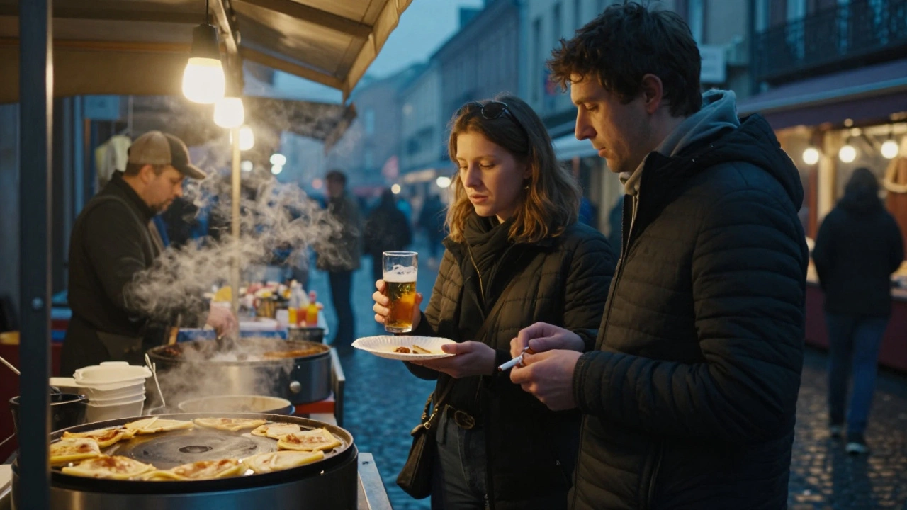 Deux personnes dans un marché de nuit à Toulouse, partageant une crêpe en silence sous des guirlandes lumineuses.