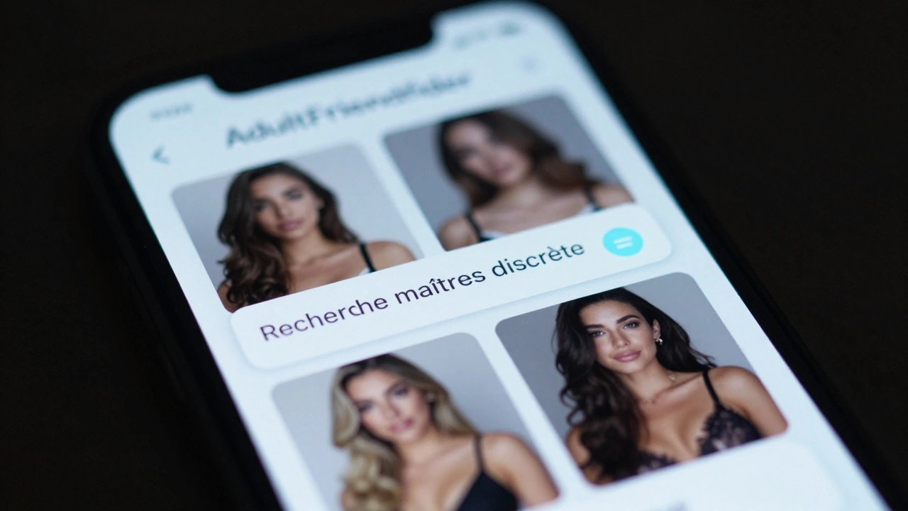 Écran d'application de rencontre affichant des profils et un message de recherche de maîtresse discrète.