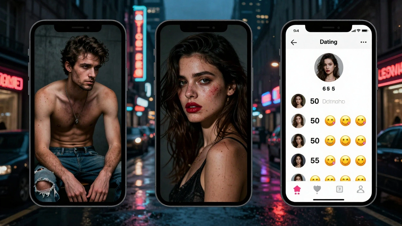 Écran de téléphone affichant trois profils de sites de rencontre : un authentique, un suspect, et un autre avec trop de photos.