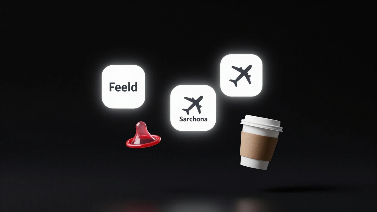 Interface d'applications de rencontre flottant avec un préservatif, un billet d'avion et un café, symbole de liberté sexuelle.