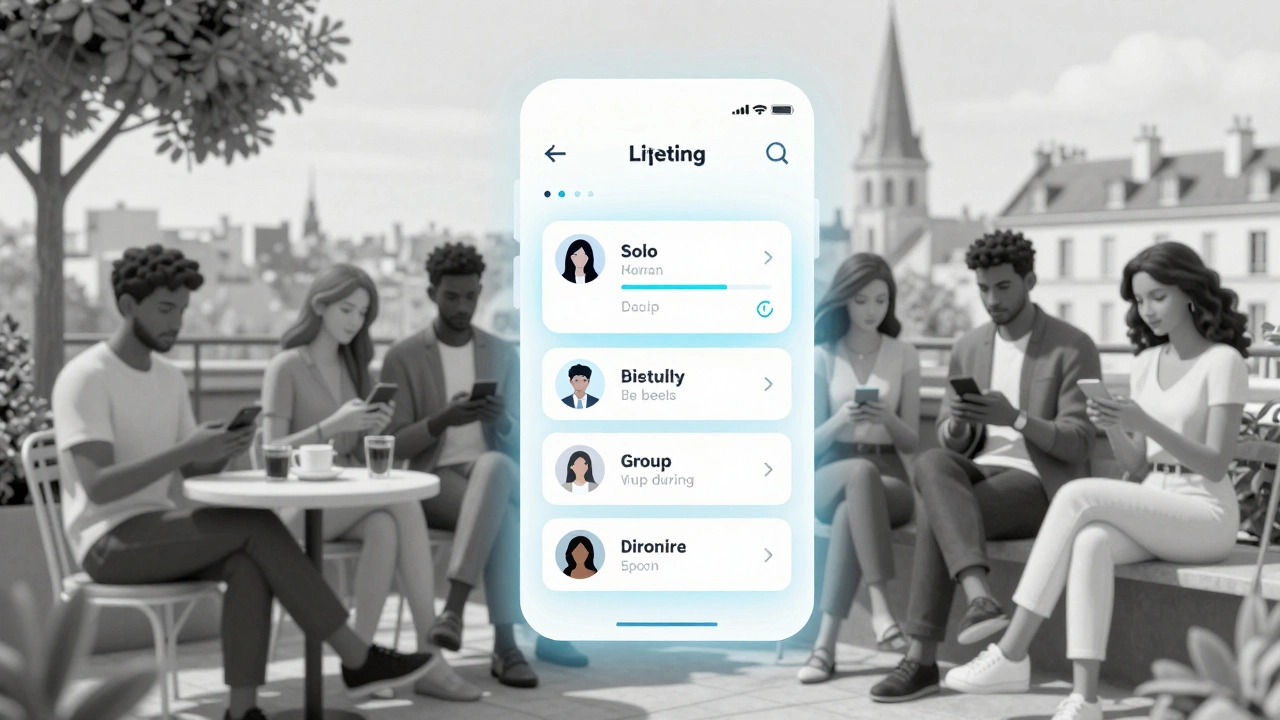 Interface numérique d'une application de rencontre libertine affichant des profils avec préférences claires, dans un style futuriste sans texte.