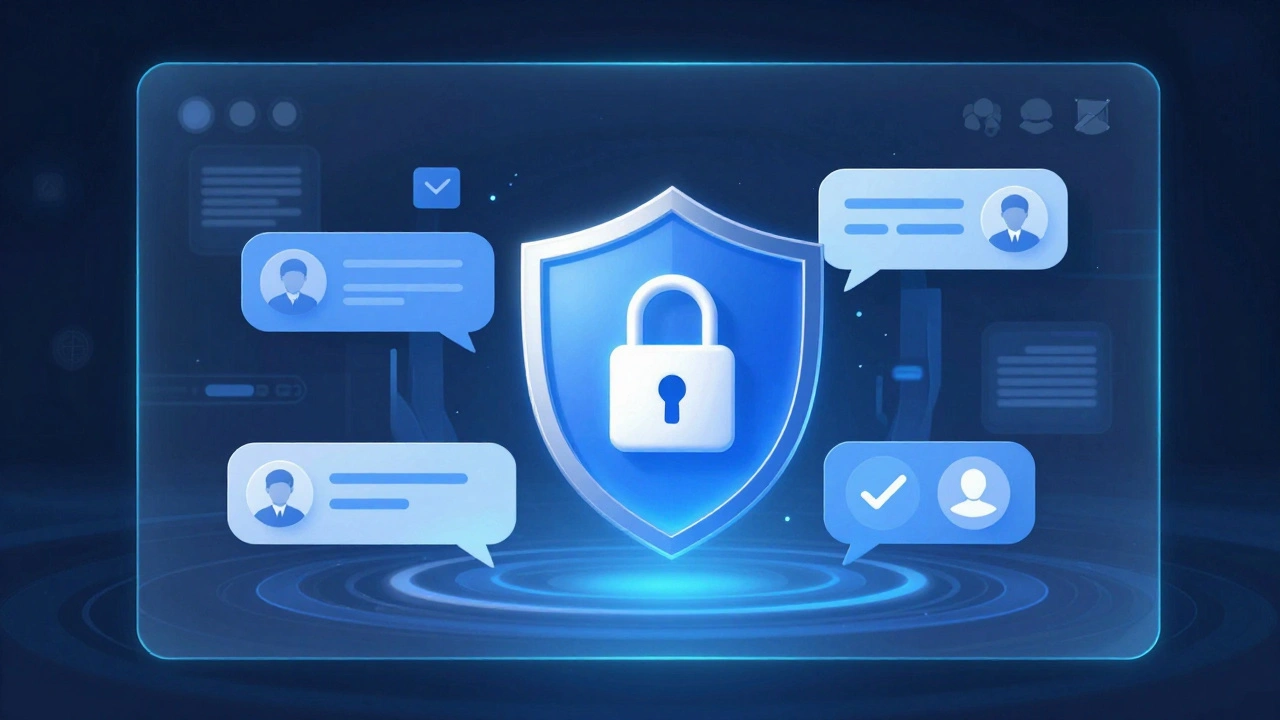 Interface sécurisée avec bouclier et badges de profil vérifié.