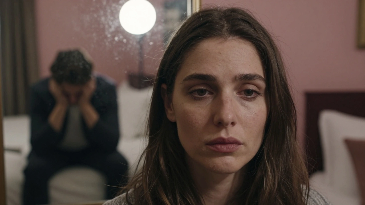 Les yeux vides d'une femme dans une chambre d'hôtel, reflétant le désespoir d'une transaction sans émotion.