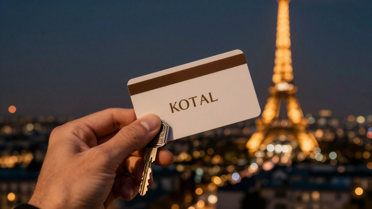 Main tenant clé d'hôtel avec vue sur Paris la nuit