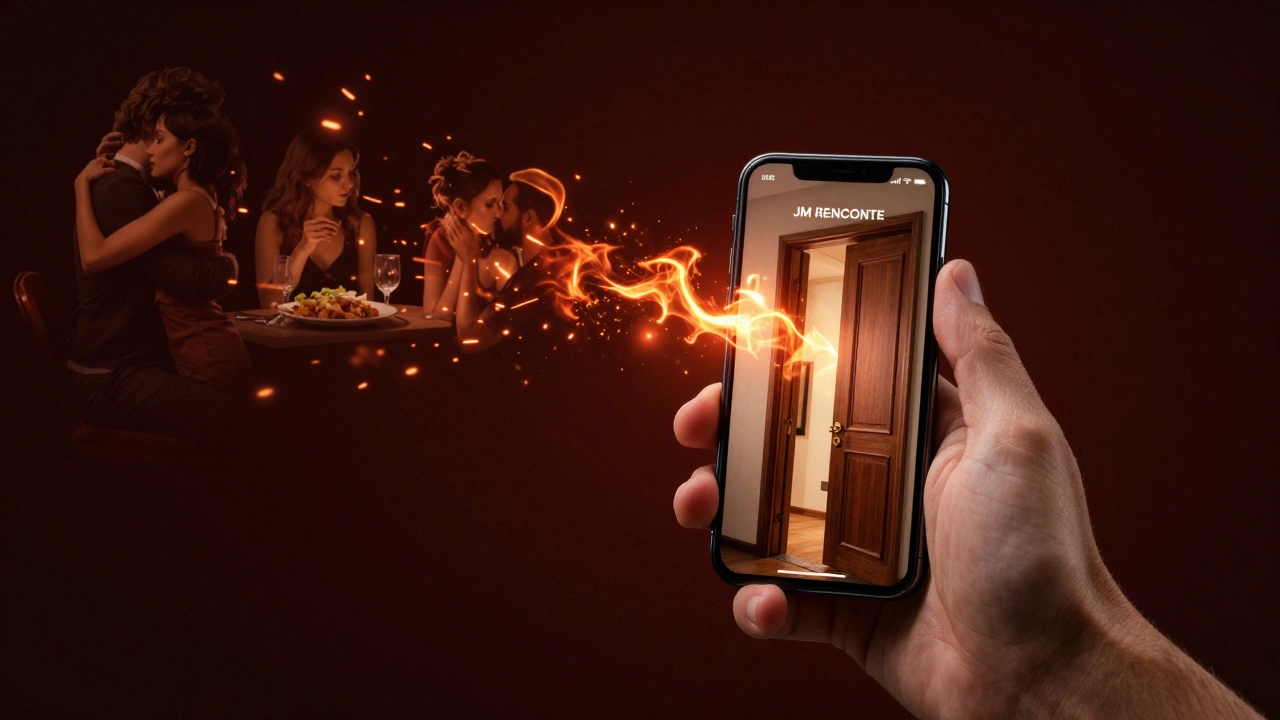 Main tenant un téléphone affichant JM Rencontre, des étincelles se transforment en silhouettes d'intimité.