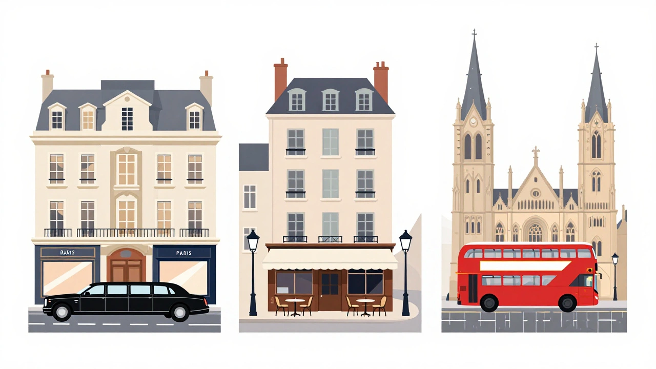 Paris, Lyon et Londres stylisés avec symboles urbains distincts