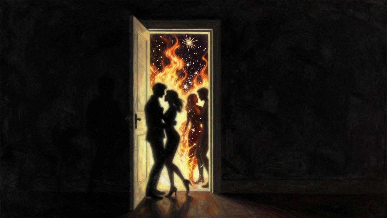 Porte ouverte dans l'obscurité, libérant une tempête de flammes et d'ombres représentant la liberté sexuelle.